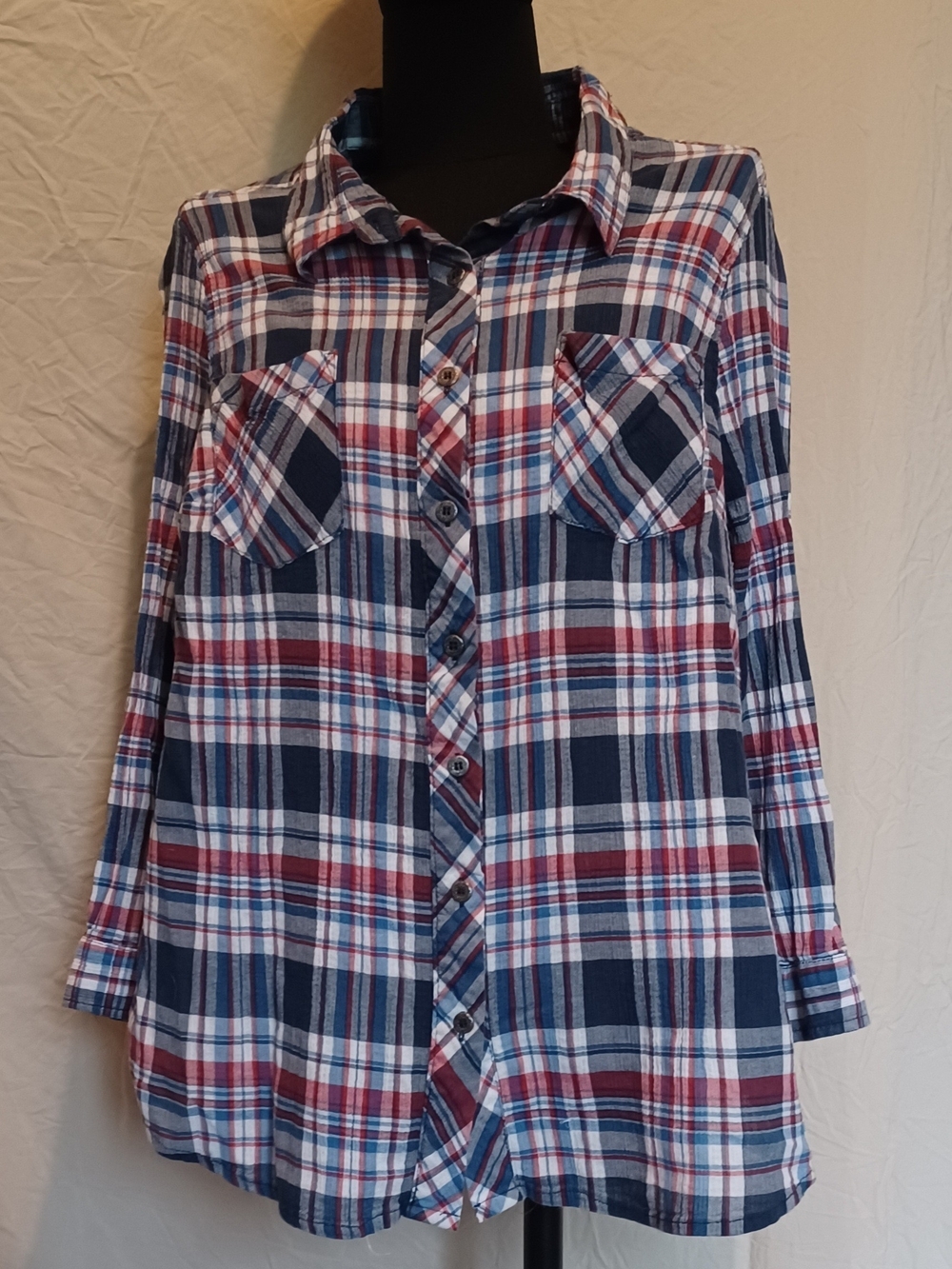 Catherines Red, Navy & Light Blue Plaid Button-Up Utility Shirt Blouse - Picture 2 of 12
